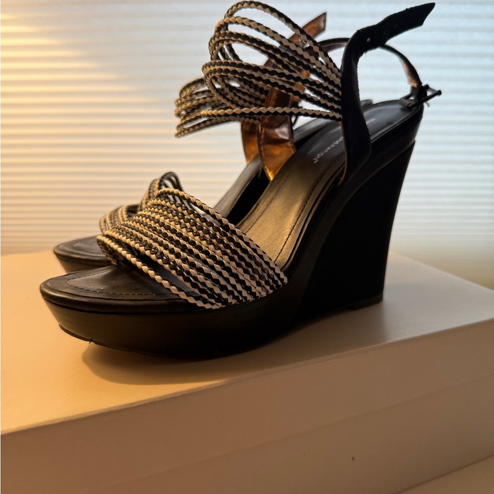BCBGeneration Black and White Braided Wedge Sandals